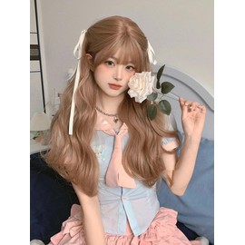 huafan luxkazya Milk Tea Brown Long Wig with Bangs Long Wavy Wig for Women Realistic Wigs Synthetic Wigs for Women Daily Use