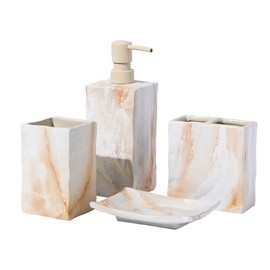 RQYIXI Bathroom Accessories Set 4 Pcs Marble Look Sets Toothbrush Holder Soap Dispenser Counter Top Ceramic Bathroom Decor Set Beige