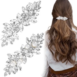 Joez Wonderful 2 Pcs Rhinestone Hair Clips, Silver Bridal Hair Accessories for Women, Sparkly Crystal Hair Pins, Fancy Flower Hair Barrettes for Wedding, Bride, Long Hair