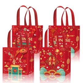Glodecart 6PCS Chinese New Year Gift Bags for Gift Wrap Kids, Reusable Red Spring Festival Themed Gift Bags with Handle Grocery Shopping Candy Bags for Chinese Lunar New Year Party Favors Supplies