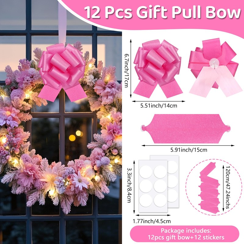 12 pcs Rose Pink Pull Bow Large Glitter Gift Wrapping