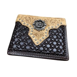Western Stakes Leather Bi Fold Wallet Cowboy Praying at Cross Concho Tooled Cowboy Diamond Embossed Leather Rodeo Wallet Cowboy Style Hand Crafted High End Mens Wallets Leather Gifts For Men (Coffee)