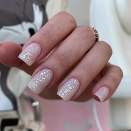 Square False Nails Glitter Pink - 24Pcs Press on Nails Short Medium - Removable Glue-on Nails Fake Nail Glitter Squoval French Glossy Stick on Nail for Women and Teens Gifts