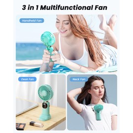 coldSky Portable Handheld Fan, 4000mAh Battery Operated Fan with LED Display, Handheld/Neck/Desk 3 in 1 Personal Small Fans, 90° Foldable Desk Fan with Base, 5 Speed Makeup Lash Fan for Women Green