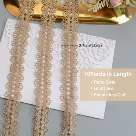 URROMA 10 Yards Gold Lace Trim for Sewing, Double-Sided Metaillic Lace Riboon Gold Embroidery Lace Trim Vintage Lace Craft for Bridal Dress Costumes Home Decor