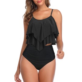 Black Bikini Set High Waisted Two Piece Swimsuits for Women Ruffled Flounce Top Bathing Suits Bikini 02 Black 4-6