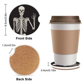 Funny Black Skeleton Car Coasters,Car Coasters for Cup Holders,2PCS Cute Anti Slip Car Interior Assecories for Women Men,Universal Size 2.56" with Finger Notch & Cork Base