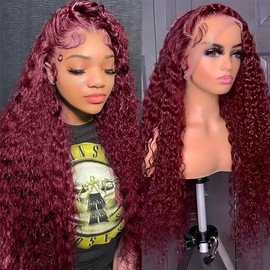 Burgundy Curly Lace Front Wig Human Hair 13x4 Deep Wave Wigs 180% Density 99j Colored Curly Human Hair Wigs for Black Women Wet and Wavy Wig Pre Plucked Natural Hairline (Burgundy Wig, 32 Inch)