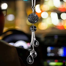 OTOSTAR Bling Crystal Ball and Drops Hanging Accessories, Rear View Mirror Pendant Charms Interior Sun Catcher Ornament, Car Accessories for Women Girls (Black)
