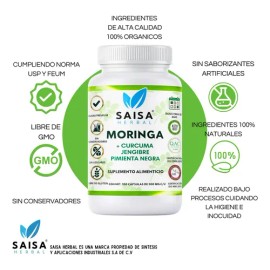 Moringa + Cúrcuma + Jengibre + Pimienta Negra | 100 Cáps | SAISA HERBAL | Inmunidad y Desinflamación Natural | Potenciado
