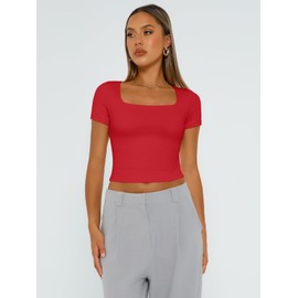 Trendy Queen Womens Square Neck Going Out Crop Tops Short Sleeve T Shirts Summer Cute Clothes Basics Tees, Red, M