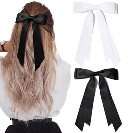 Kryzalite® 2 Pieces Silky Satin Hair Bows Hair Clip Black White Hair Band Ponytail Holder Metal Clips Hair Bow for Women