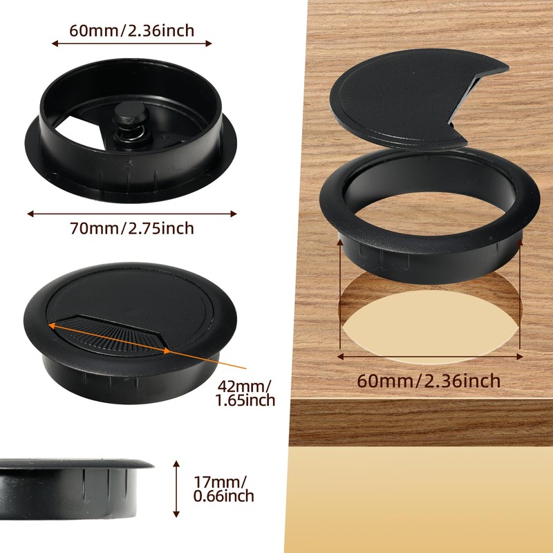 16 Cable Grommet Desk Cable Grommet Black + Hole Saw