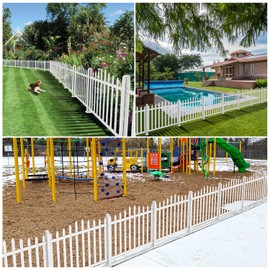 E&K 36"H x 84"W Vinyl White Picket Fence Panels Decorative Fencing for Front Porch Yard Garden Pool (20 Pickets, Scallop)