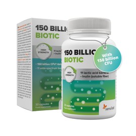 Probiotic Capsules with 150 Billion CFU, Highest Concentration, Bacterial Cultures Supplement with Chicory Root, and Inulin, 30 Capsules for 10-30 Days, by Sensilab