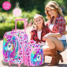 ZLYERT 2Pcs Kids Suitcase for Girls, Carry on Rolling Luggage with Wheels, Unicorn Sequin Travel Suitcases Set with Toddler Backpack(Pink)
