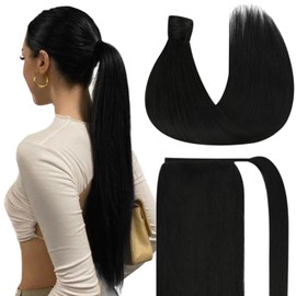 Sunny Hair Ponytail Extension Human Hair Wrap Around Ponytail Extension Straight Pony Tails Hair Extensions Clip in Ponytail Hair Extensions for Women 80G Black 22inch