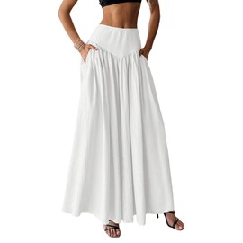 Milumia Women's Pleated Flowy Long Skirts High Waist Maxi Skirt with Pocket White Large