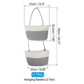 PATIKIL Hanging Basket Over The Door, 2-Tier Hanging Woven Cotton Rope Wall Mounted Storage Baskets Organizer Decorative for Books Flowers Closet Living Room Kitchen, Grey
