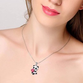 Yienate Panda Crystal Necklace Choker Panda Love Necklace Charm Silver Panda Pink Heart Crystal Bear Pendant Necklace Chain Cute Animal Crystal Jewellery Gift for Women Girls