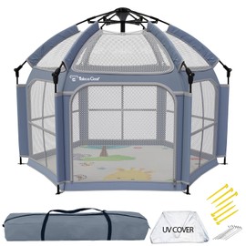 Baby Playpen with Canopy - Instant Pop-Up Portable Play Yard with Mat for Infants & Toddlers, Lightweight Foldable Indoor Outdoor Playpen Tent for Beach Camping Travel, Includes Carry Bag & Anchors