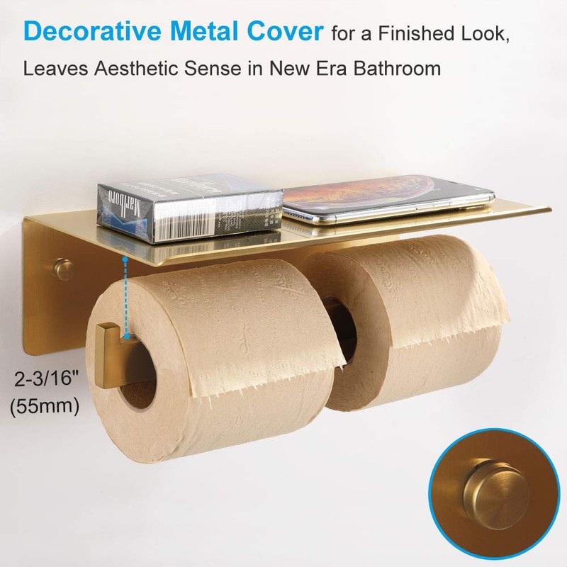 Double Toilet Paper Holder with Shelf Brushed Gold, APLusee SUS
