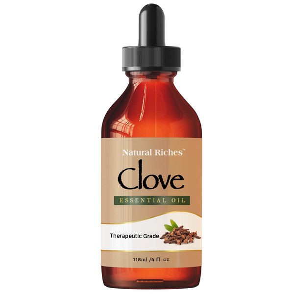 Natural Riches Pure Clove Essential Oil 4 Fl Oz, Therapeutic Grade for Tooth Ache Soothes Sore Muscles Clove Bud Oil Essential Oil for Teeth, Gums, Toothache, Skin Use and Hair Care.