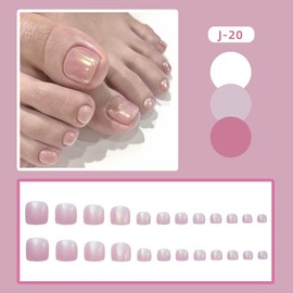 Pink Press on Toes Nails Short Square Toe Nails Press on Glossy Artificial Fake Toenails Glitter Acrylic Glue on Toenails for Women