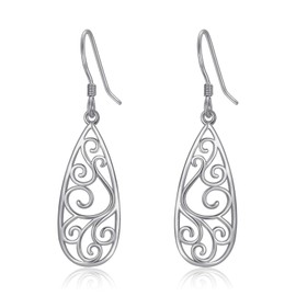 YZSFMZGE 925 Sterling Silver Post Dangle Drop Earrings for Women Filigree Teardrop Dangling Fish Hook Earrings Jewelry Gifts for Christmas Birthday