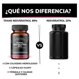 Quotidien | Trans Resveratrol 99% - 100% Puro Con Colágeno Hidrolizado Polvo Y Calcio - Vitaminas Mujer - 60 Cápsulas Veganas Vcaps