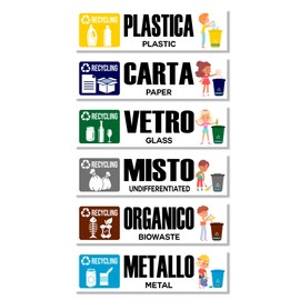 Arterby's® - Stickers Collection Differentiated - Large Children Small Recycling Waste Garbage v6 - Waterproof Washable Exterior Interior - Italian English - Conform UNI (25x8cm, 6 Pieces)