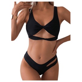 SweatyRocks Women's 2 Piece Bathing Suit Cut Out Twist Front Bikini Set High Cut Swimsuit Set Black Small