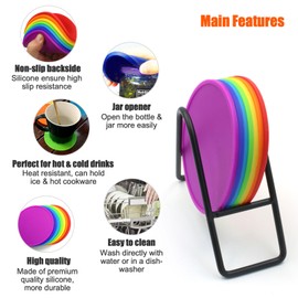 Colorful Silicone Coasters for Drinks, Rainbow Drink Coasters with Holder, Funny Coasters Set for Coffee Table Desk, for Hot or Cold Drinks, Non-Slip, Non-Stick (Set of 7)
