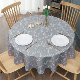 AooHome Fabric Round Tablecloth, Spill-Proof Water Repellent Table Cover Geometric Design for BBQs, Machine Washable, Heavy Weight, 70 Inch Round, Light Grey