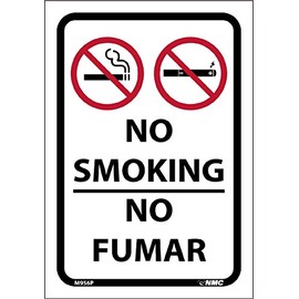NMC M956P NO SMOKING NO FUMAR Sign - 10 in. x 7 in. PS Vinyl Adhesive Back Bilingual Sign with Black Text on White Base, Graphic