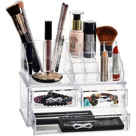 Makeup Cosmetic Organizer Drawer. Cosmetic Display Cases with 16 Holders. Acrylic Display Box with 3 Drawers.