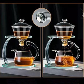 MOZEO Glass Teapot Set Semi Automatic Drip Rotating with Infuser Lazy Kungfu Tea pot Set Heat Resistant Tea Set (Teapot Single)