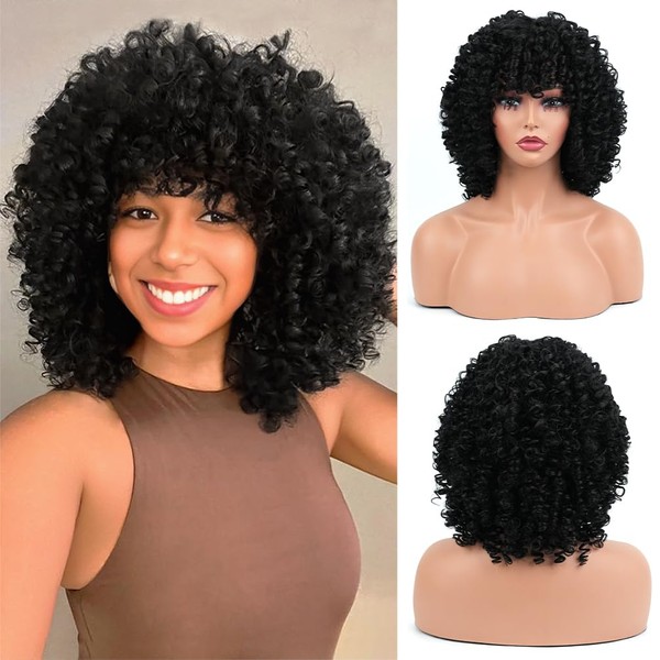 Doxken Afro Curly Wig with Bangs 14 Inches Short Kinky