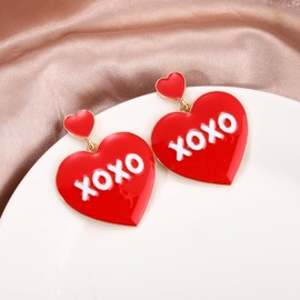 Valentine’s Day Heart Earrings Enamel XOXO Letter Heart Drop Earrings Fashion Trendy Big Love Dangle Earrings for Women Statement Jewelry (Red-XOXO)