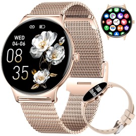 ESFOE Reloj Inteligente Mujer,1.43''AMOLED Smartwatch Mujer con Llamadas,Función Femenina/24H Pulsómetro/SpO2/Sueño/121+ Modo Deporte/IP68 Podómetro Calorías iOS Android,Oro Rosa Malla, Regalo