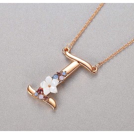 Flower Initial Letter Necklace, Pink Red Blue Simulated Pearl Pendant Name Jewelry Made with Austrian Crystals Rose Gold Plated Anniversary Birthday Gifts for Women,18"+2" (I)