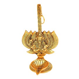 Metal Ganesh Wall Hanging Diya Deepak Oil Lamp, Lotus Oxidized White Gold Plated Indian Traditional Pooja Item Decor Decorations for House Home Gift Items(Size:- 8" X 5")