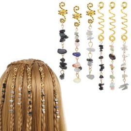 6PCS Hair Jewelry for Braids, Natural Stone Hair Braid Accessories, Colored Crystal Charms for Braids Dreadlock, Gold Spirals Cuffs Rings for Women Girls, Rave Festival Hairstyle Decoration