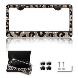 Mulixis Leopard Bedazzled License Plate Frames for Women Diamond License Plate Frame 2 Pack Rhinestone License Plate Holder Bling Stainless Steel Frame - High-End Gift Box Packaging