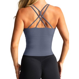 LASLULU Womens Sports Bra Strappy High Neck Longline Athletic Yoga Running Gym Workout Crop Tops Clothes Padded Workout Tank Tops with Built in Bra (Slate, Medium)