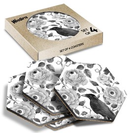 4 x Hexagon Coasters - Eyeball Flower Crow Raven Black Bird Cork Backed MDF Glossy Tea Coffee Accessory #170553