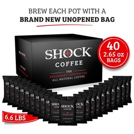 Shock Coffee Ground Stay Fresher Packs. The Strongest Caffeinated All Natural Coffee, Up to 50% more Caffeine than Regular Coffee, 6.6 pounds (40 - 2.65oz bags)