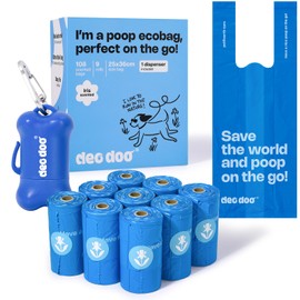 Deo Doo Dog Poop Bags with Handles 9 Rolls 108 Counts Big Sizes Leak Proof and Extra Thick Waste Bags Refill Rolls for Walking Small Medium Large Dogs Cats Litter With Holder Iris Scented