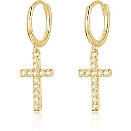 925 Sterling Silver Hoop Earrings with Pendant 14K Gold Plated I Earrings for Women, Girls and Women I Hoop Hanging with Stones and Cross gold
