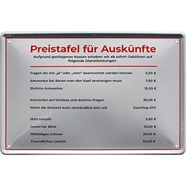 Tin Signs Funny Saying "PREISTAFEL FÜR AUSKÜNFTE" Decorative Sign Metal Sign for Shop Shop Entrance Door Gift Idea 20 x 30 cm